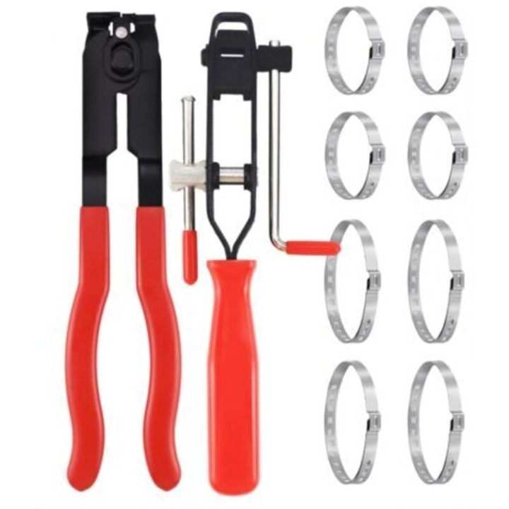 Set 2 cleste pentru coliere auto, din otel inoxidabil, cu mecanism de taiere si infasurare, include 8 benzi de strangere, rosu