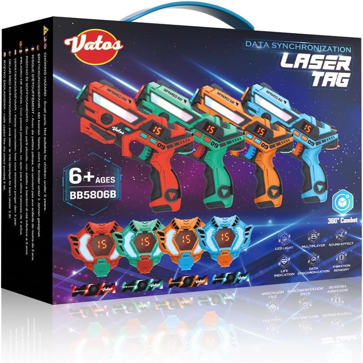 VATOS Laser Tag pisztoly szett, 4 infravörös fegyver 2.4GHz + 4 mellény 360°-os érzékelőkkel, LCD kijelző, 4 lövési mód, USB újratölthető, automatikus szinkronizálás, 40m hatótáv, interaktív játék gyerekeknek és családnak