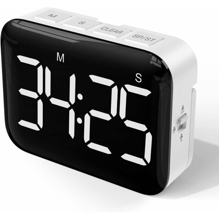 Timer digital bucatarie, afisaj LED 10cm, magnetic, reglabil, negru-alb