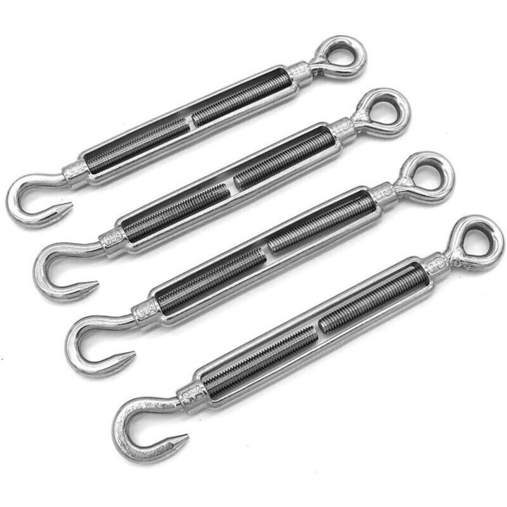 Set 4 tensionere/tensionatori cablu M10, otel inoxidabil 304, compatibile hook and eye / bucla, rezistente la coroziune, argintiu, pentru interior si exterior