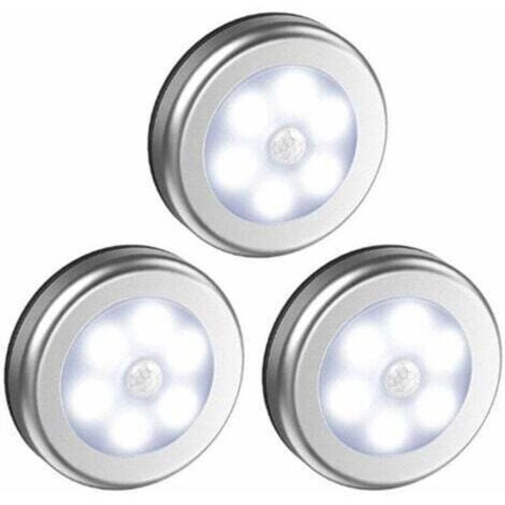 Lumina/Lampa LED cu senzor de miscare, 6 LED, cu senzor PIR si aprindere automata la intuneric, Argintiu, Set 3 bucati