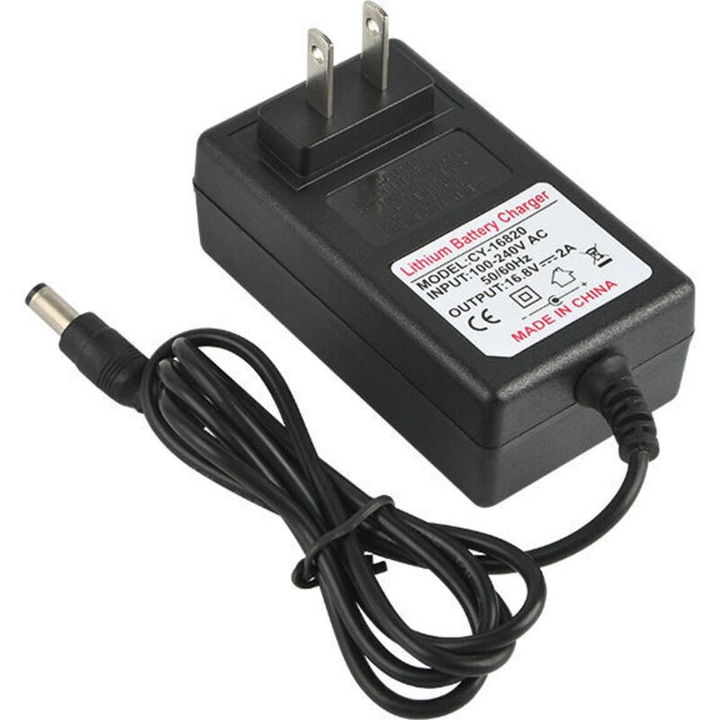 Incarcator pentru baterii litiu-ion, adaptor alimentare AC 100-240V la DC 21V 2A, priza EU, mufa 5.5x2.5mm, cu protectie la supraincarcare si scurtcircuit, indicator LED, Negru, 1 buc
