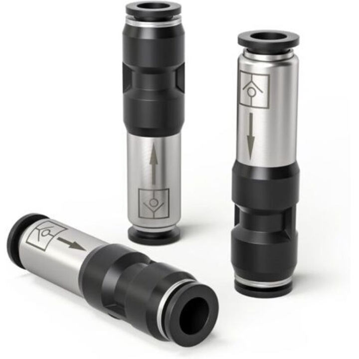 Supapa de sens pneumatica 4mm (check valve), push-to-connect, compatibila cu tuburi PU/Nylon/PE, negru/argintiu, 3 buc