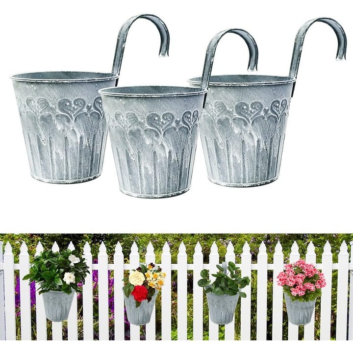 6 Bucati de ghivece de flori suspendate din fier, ghivece de plante metalice in stil vintage cu carlige, galeata pentru plante si flori pentru balcon, gradina, exterior, interior, perete, decorare gard