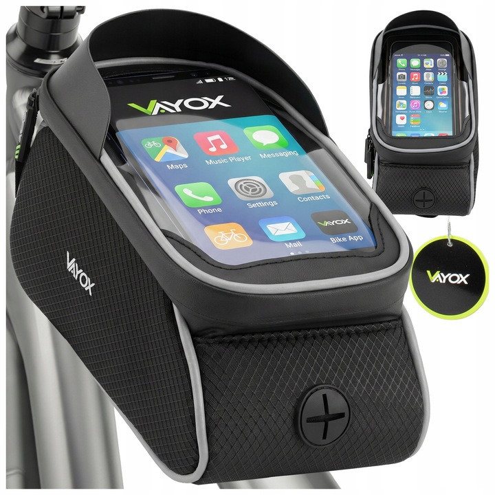 Geanta bicicleta pentru Cadru Vayox VA0450, 2 buzunare, Borseta Impermeabila cu Suport Telefon, Negru