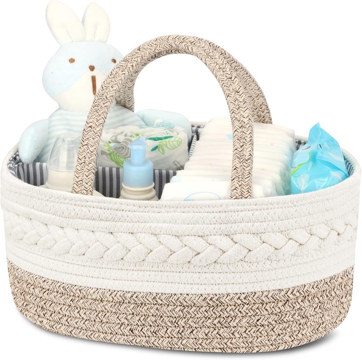 Cos de depozitare pentru bebelusi, organizator de scutece pentru bebelusi cu compartimente si manere, organizator portabil pentru scutece pentru bebelusi, cos din franghie de bumbac, cadou pentru nou-nascuti