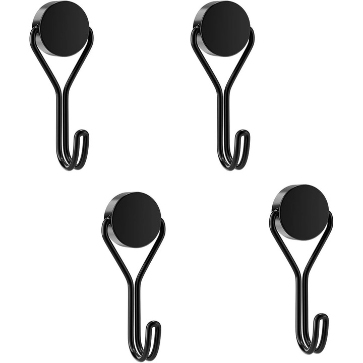 Set de 4 carlige magnetice extra puternice, carlige magnetice puternice de 16 mm, carlige din neodim pentru frigider, bucatarie, birou - negru