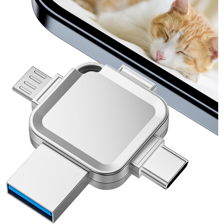 Stick de memorie USB 4-in-1 (USB 3.0 / USB Type-C / Micro-USB / Lightning), plug and play, carcasa metalica din zinc, Argintiu, 1 TB