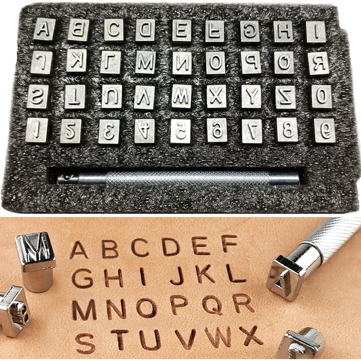 Kit de stantare piele cu 37 de piese, cu perforatoare metalice din otel placat cu argint (26 de litere + 10 cifre) si maner ergonomic - Unelte profesionale pentru prelucrarea pielii si mestesuguri DIY
