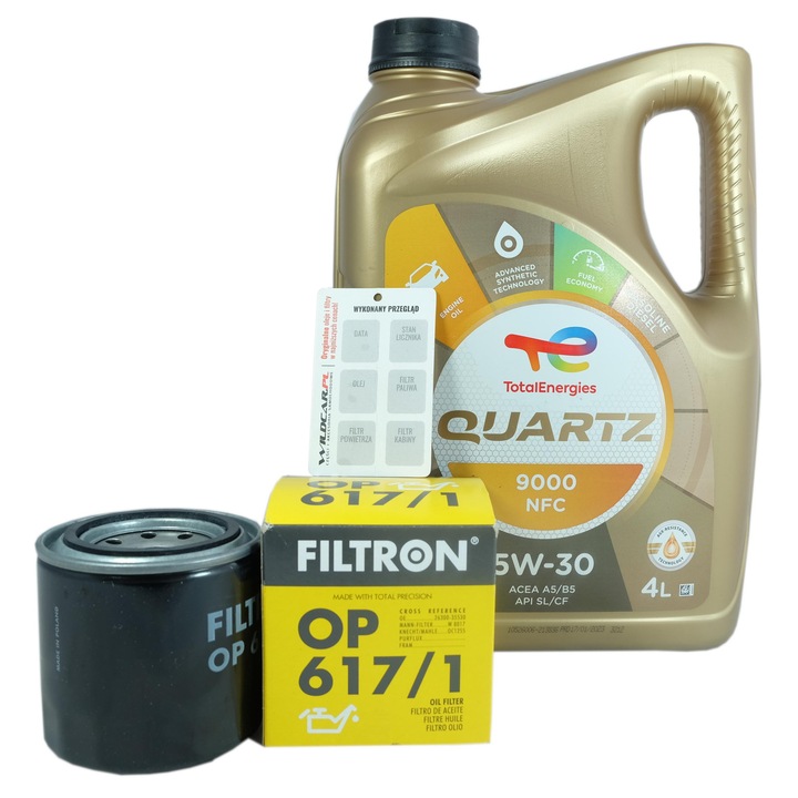 Olajcsere szett FILTRON OP 617/1, olajszűrő OP 617/1 1 db, TotalEnergies Quartz 9000 NFC 5W-30 4L olaj, kompatibilis Hyundai ix20/Kia Venga 1.4/1.6, Többszínű