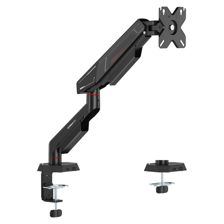 Suport monitor Gaming 17-40" inch, Curbat/Drept, Brat Reglabil Asistat StableDesk®, Pana la 12 kg, Organizator cabluri, Pentru Birou Office, Gaming, Model StableArm™ Rocket, 1 brat, Prindere cu clema/surub in blat, VESA 100x100/75x75 - Negru mat