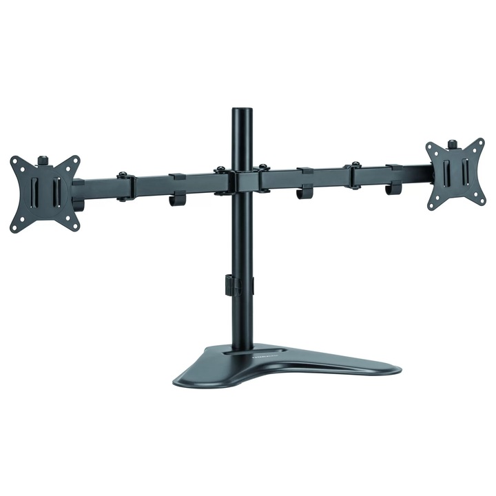Suport 2 monitoare 17-32" inch, Reglabil StableDesk®, Pana la 9 kg/ecran, Rotire Portret/Landscape, Organizator cabluri, Model StableArm™ Saver Leg Duo, 2 brate, Quick-Release VESA 75x75/100x100, Baza Freestanding cu Suport Telefon - Negru mat