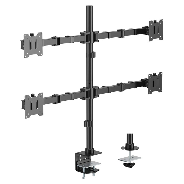 Suport 4 monitoare 17-35" inch, Heavy-Duty, Reglabil StableDesk®, Pana la 15 kg/ecran, Curbat/Drept, Model StableArm™ Saver Quad Heavy-Duty, 4 brate, Quick-Release VESA 75x75/100x100, Montaj cu Clema/Surub in blat - Negru mat