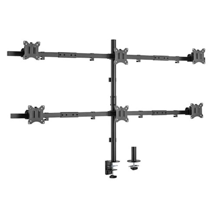 Suport 6 monitoare 17-32" inch, Reglabil StableDesk®, Pana la 7 kg/ecran, Rotire Portret/Landscape, Model StableArm™ Saver Hexa, 6 brate, Quick-Release VESA 75x75/100x100, Montaj cu Clema/Surub in blat - Negru mat