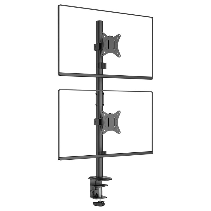 Suport Vertical 2 monitoare 17-32" inch, Reglabil StableDesk®, Pana la 9 kg/ecran, Rotire Portret/Landscape, Organizator cabluri, Model StableArm™ Saver Duo Vertical, 2 brate, Quick-Release VESA 75x75/100x100, Montaj cu Clema/Surub in blat - Negru mat