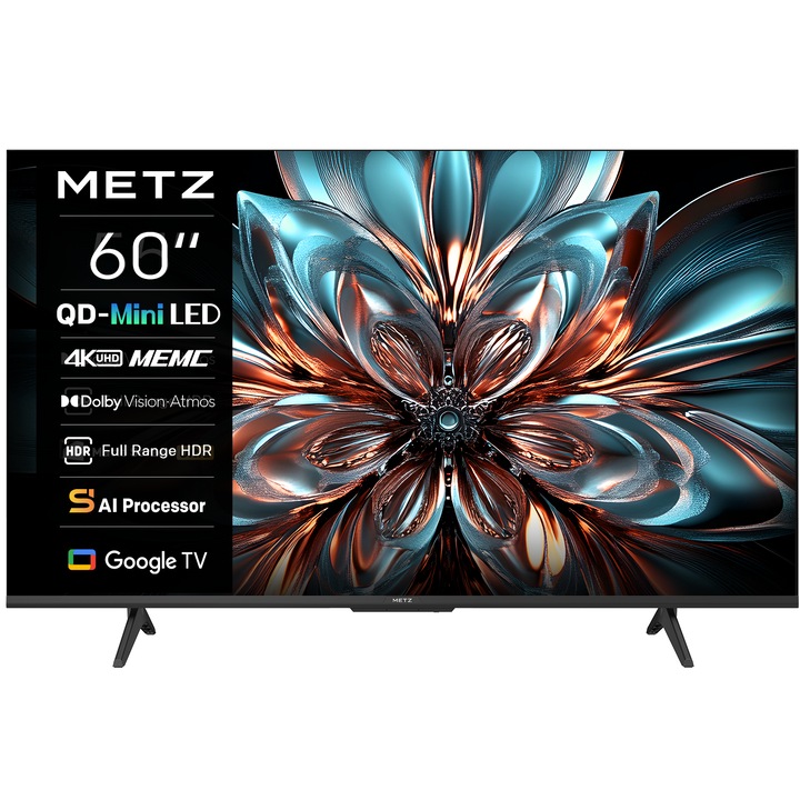 Televizor METZ QD-MiniLed 60MNH7000Z, 152 cm, Smart Google TV, 4K Ultra HD, Clasa E (Model 2026)