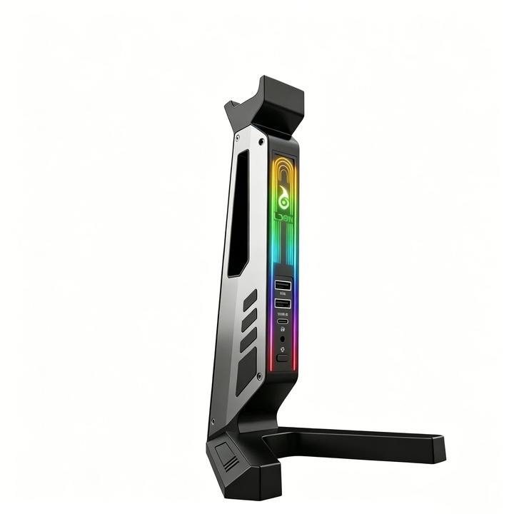 RGB gamer fejhallgató tartó 2 USB porttal, Játék fejhallgató tartó PC-hez, Xbox One-hoz, PS4-hez, Switch-hez, Fejhallgató állvány, Kiválóan alkalmas gamer állomásokhoz, Stílusos asztali kiegészítők gamereknek