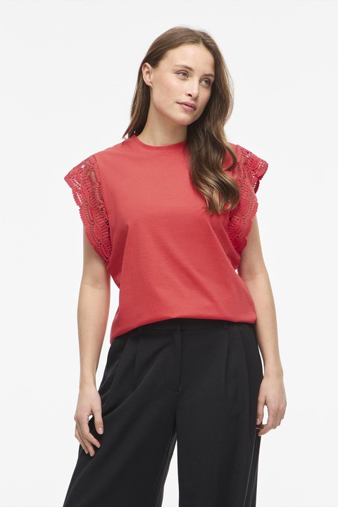 Vila, Tricou din bumbac organic cu maneci crosetate, Coral
