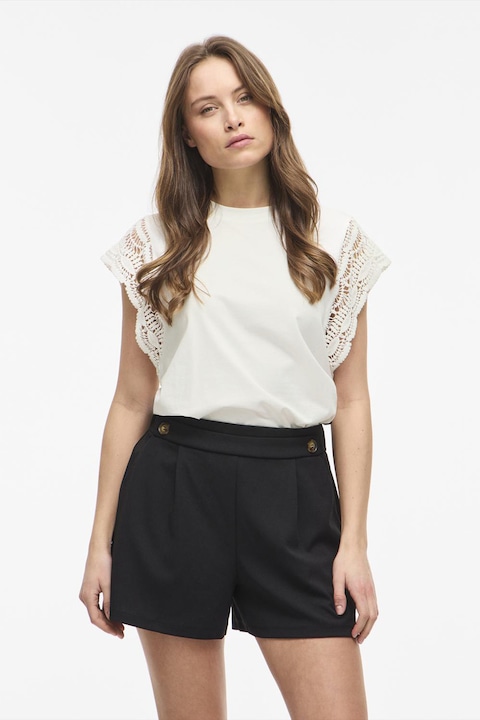 Vila, Tricou din bumbac organic cu maneci crosetate, Alb