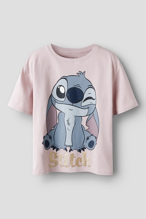 NAME IT, Tricou din amestec de bumbac cu imprimeu Stitch, Roz pal/Albastru deschis