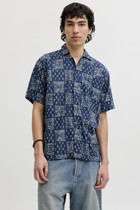 Jack & Jones, Camasa cu maneci scurte si imprimeu grafic, Albastru inchis