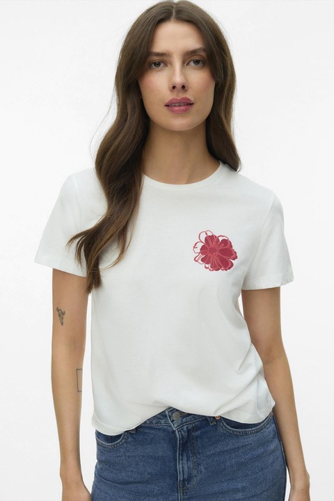 Vero Moda, Tricou din bumbac organic cu decolteu la baza gatului, Rosu/Alb