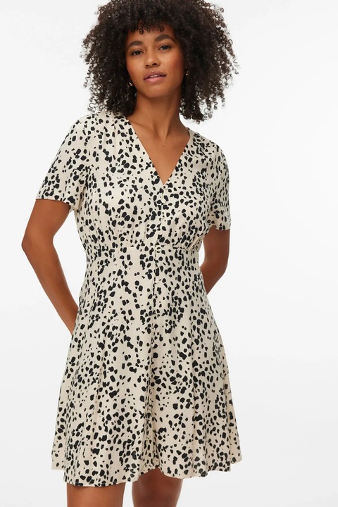 Vero Moda, Rochie cu decolteu in V si nasturi, Negru, Bej deschis, L