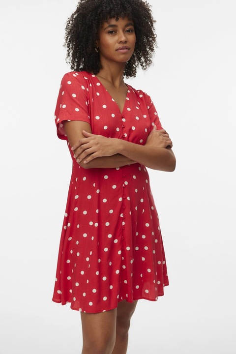 Vero Moda, Rochie cu decolteu in V si nasturi, Rosu/Alb