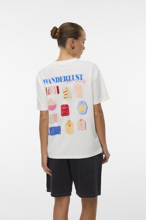 Vero Moda, Tricou din bumbac organic cu maneci cazute, Alb/Multicolor