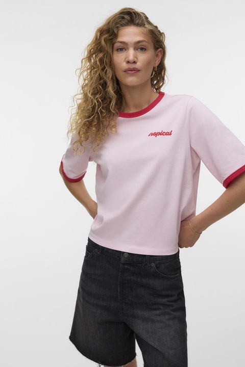 Vero Moda, Tricou lejer cu maneci cazute, Rosu/Roz bombon