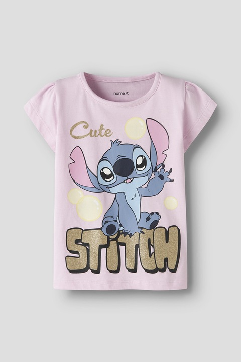 NAME IT, Tricou cu imprimeu Stitch, Roz bombon/Auriu antichizat