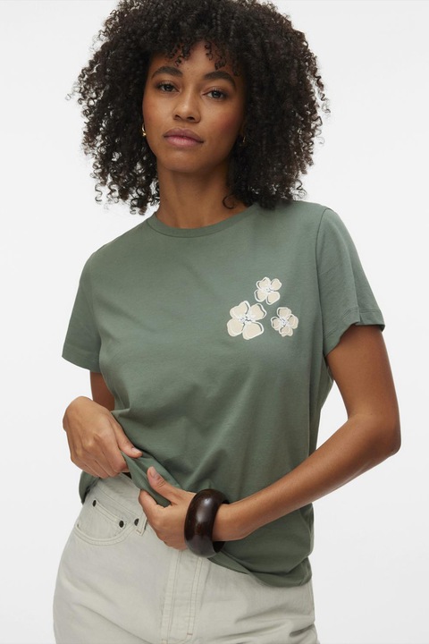 Vero Moda, Tricou din bumbac organic cu decolteu la baza gatului, Verde feriga
