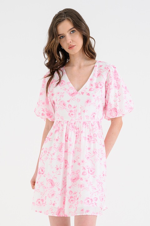 Vero Moda, Rochie evazata cu imprimeu floral, Roz deschis/Alb murdar