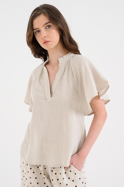 Only, Bluza vaporoasa din bumbac cu decolteu in V, Maro camel
