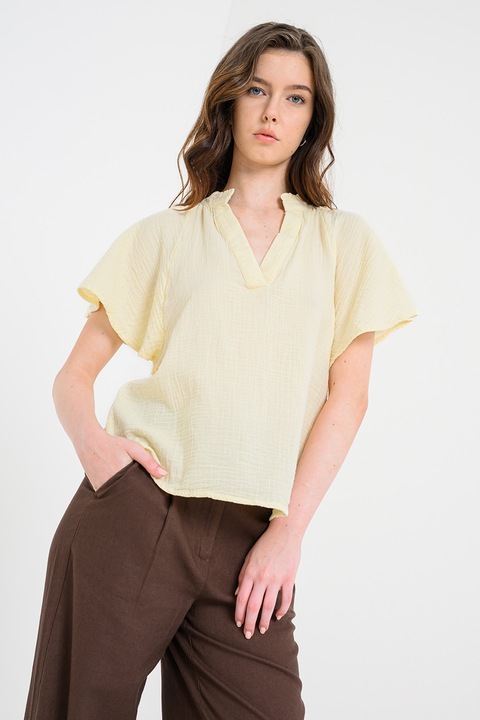 Only, Bluza vaporoasa din bumbac cu decolteu in V, Galben pal