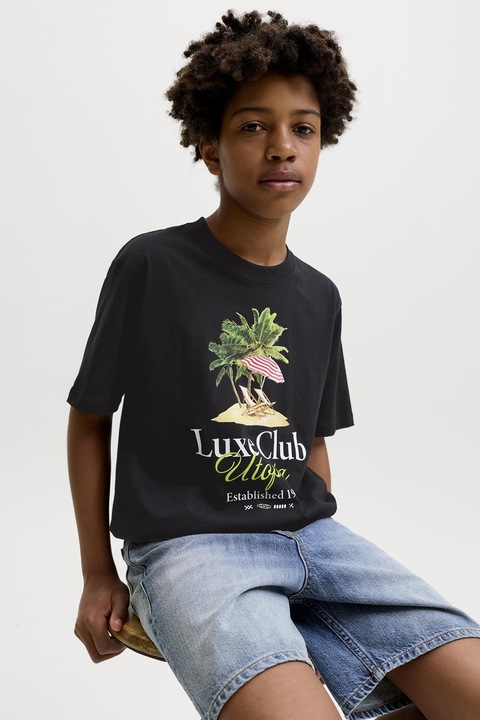 Jack & Jones, Bő fazonú organikuspamut póló mintával, Fekete/Pasztellsárga