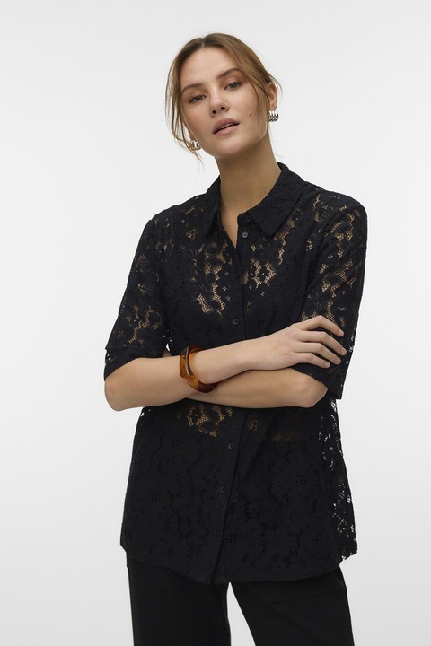 Vero Moda, Honey csipkés ing középhosszú ujjakkal, Fekete