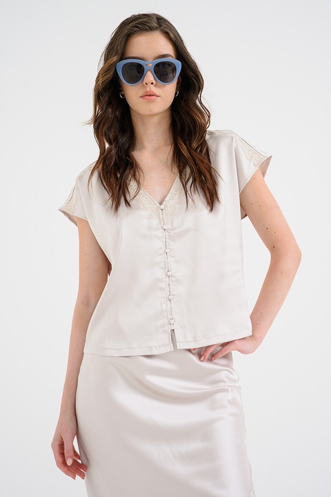 Only, Bluza de satin cu maneci scurte Faraya, Bej deschis