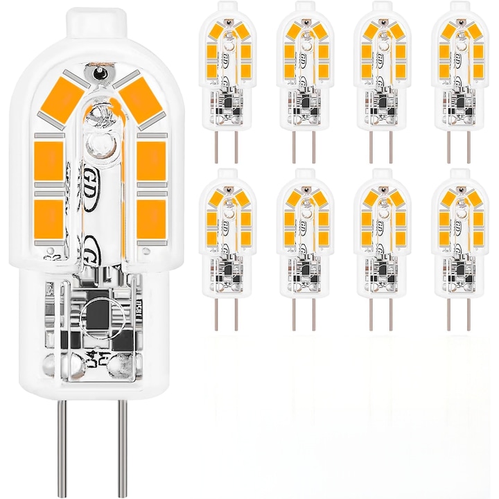 Set 8 becuri LED G4, 2W 12V AC/DC, lumina calda 3000K, 200 lumeni, unghi de iluminare 360°, fara palpaire, economice, inlocuieste bec halogen 20W, nereglabil