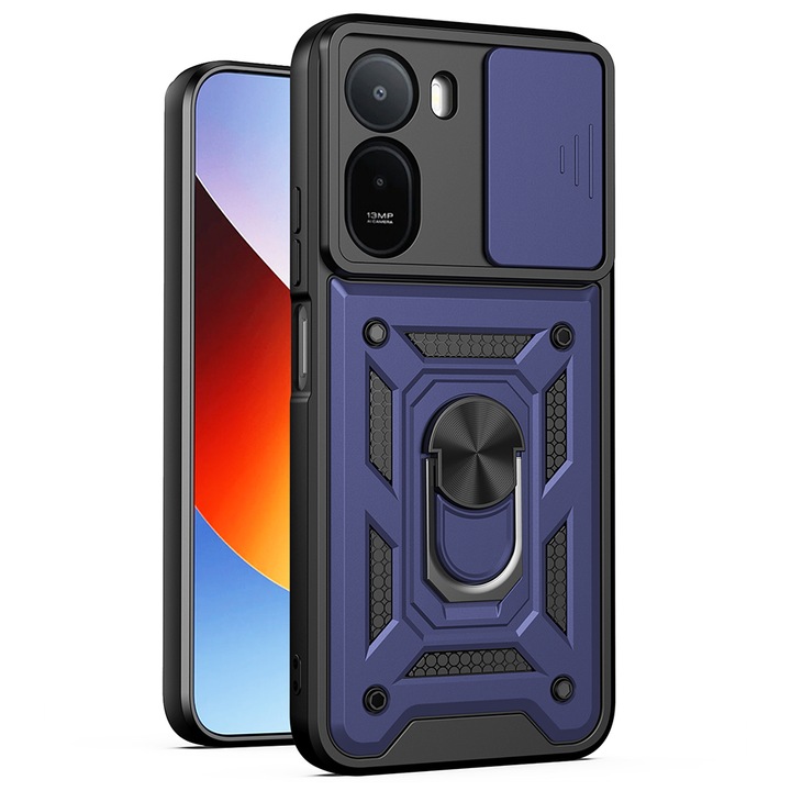 Hátlap Armor Ring lencsevédő tok Xiaomi Redmi A7 Pro 4G-hez, csúszó mechanizmus, mágneses funkció, Camshield 360°-ban forgatható gyűrűtámasz, kék