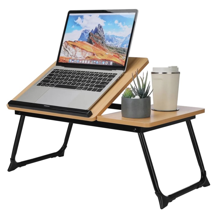 Masa pentru Laptop Pliabila StableDesk®, 55x32x25 cm, Pentru Pat si Canapea, Unghi Reglabil in 5 Trepte, Antiderapanta, cu Suport Laptop, Pahar si Mouse - Maro Deschis (Stejar)