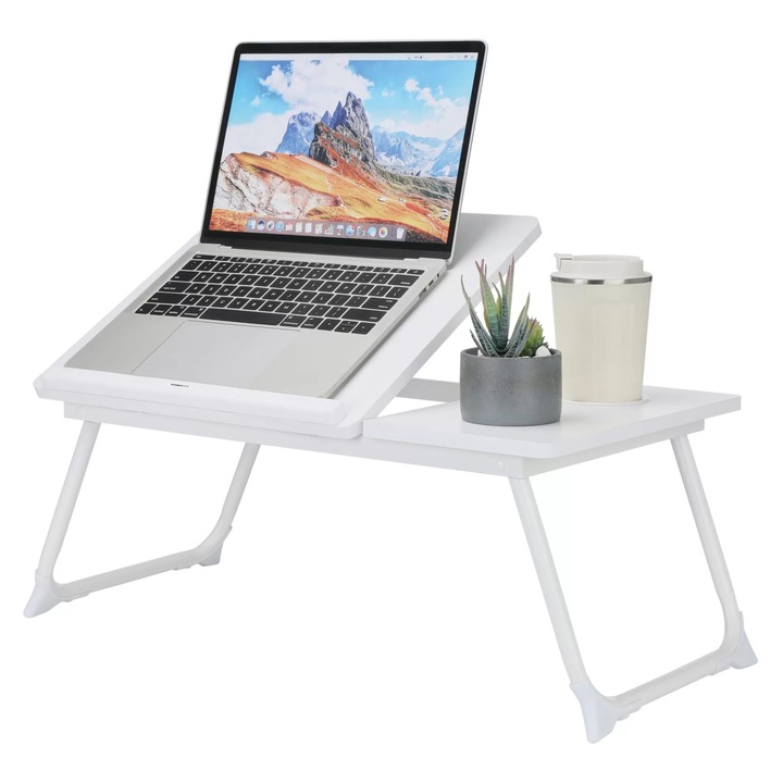Masa pentru Laptop Pliabila StableDesk®, 55x32x25 cm, Pentru Pat si Canapea, Unghi Reglabil in 5 Trepte, Antiderapanta, cu Suport Laptop, Pahar si Mouse - Alb