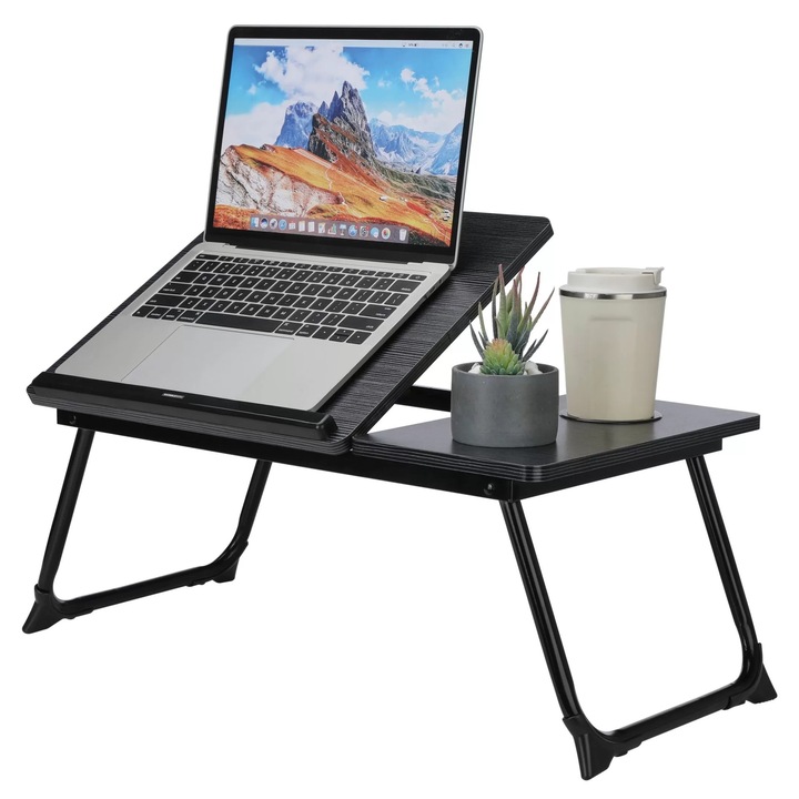 Masa pentru Laptop Pliabila StableDesk®, 55x32x25 cm, Pentru Pat si Canapea, Unghi Reglabil in 5 Trepte, Antiderapanta, cu Suport Laptop, Pahar si Mouse - Negru