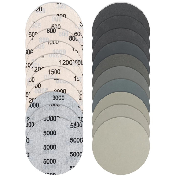 Set de 36 de discuri abrazive rotunde autoadezive de 125 mm, granulatie 320, 600, 800, 1000, 1200, 1500, 2000, 3000, 4000, 5000, pentru lustruirea lemnului, metalului si a automobilelor