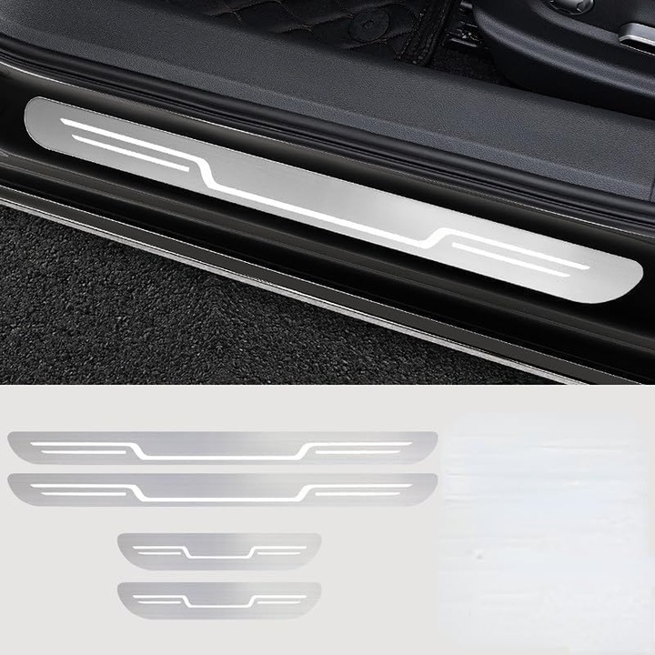 Set de 4 protectii prag usa, antiderapante si antizgarieturi, accesorii auto, finisaj argintiu periat