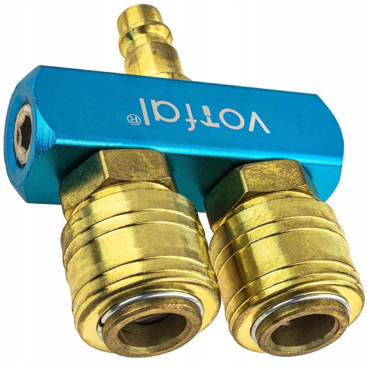 Vorfal pneumatikus elosztó, 2 utas, 2 x gyorscsatlakozó DN7,2 G1/4, 1 x csatlakozó DN7,2 G1/4, 12 bar, kék