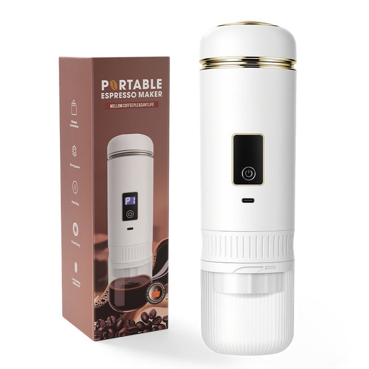 VeniSymlis® Cafetiera Portabila 2 in 1, Compatibil Pulbere/Capsule, Extractie 20Bar, Baterie 2600mAh (60 Cani), Incarcare Type-C Rapid, Wireless, IPX5, Pentru Calatorii/Birou/Outdoor