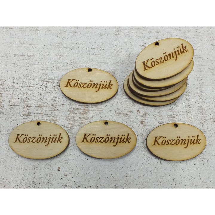 Natúr fa - "Köszönjük" gravírozott ovál tábla 10db/csomag – feliratként és tábladíszként