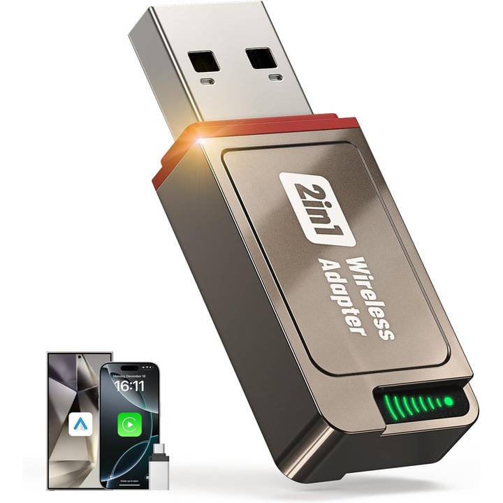 Adapter vezeték nélküli CarPlay és Android Auto, gyors Plug and Play csatlakozás automatikus újracsatlakozással, stabil Bluetooth 5.3 és 5G WiFi, intelligens hangvezérlés, több mint 100 autótípus, OUYLAF, FEKETE