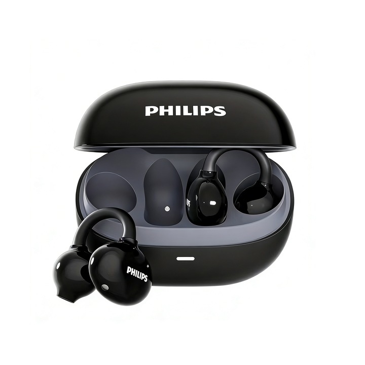 Philips TAT3469, Fülhallgató, True Open Ear fülhallgató, True Wireless fülhallgató, IP54 víz- és porálló, Hosszú élettartamú akkumulátor, 360°-os sztereó hangzás, Kényelmes illeszkedés nyitott fülre, Csúszásmentes sportoláshoz, Edzésekhez, Fekete